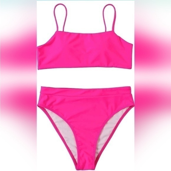 Other - NWOT hot pink Women High Wasited Bikini Shoulder Strap 2 Piece High Cut Strings